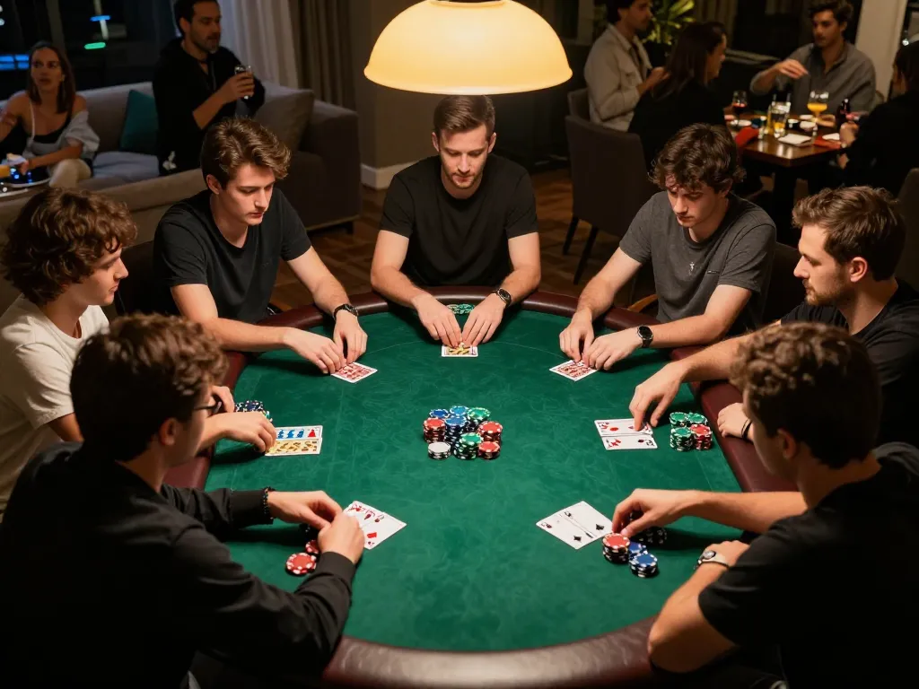 Players at a Poker88 game, showcasing intense focus and colorful chips, highlighting strategic poker gameplay.