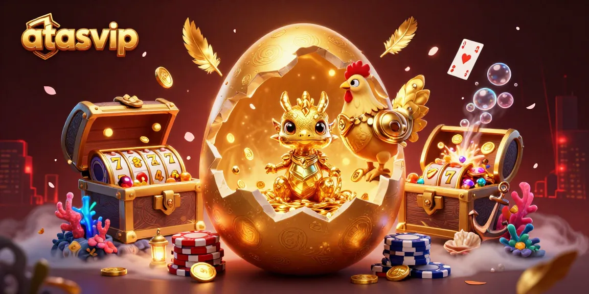 Play games with dazzling golden dragon at atasvip online casino, surrounded by vibrant gaming elements.