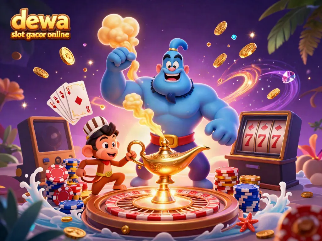 Menggoda pemain dengan dewa slot gacor online melalui ilustrasi kasino yang meriah dan magis.