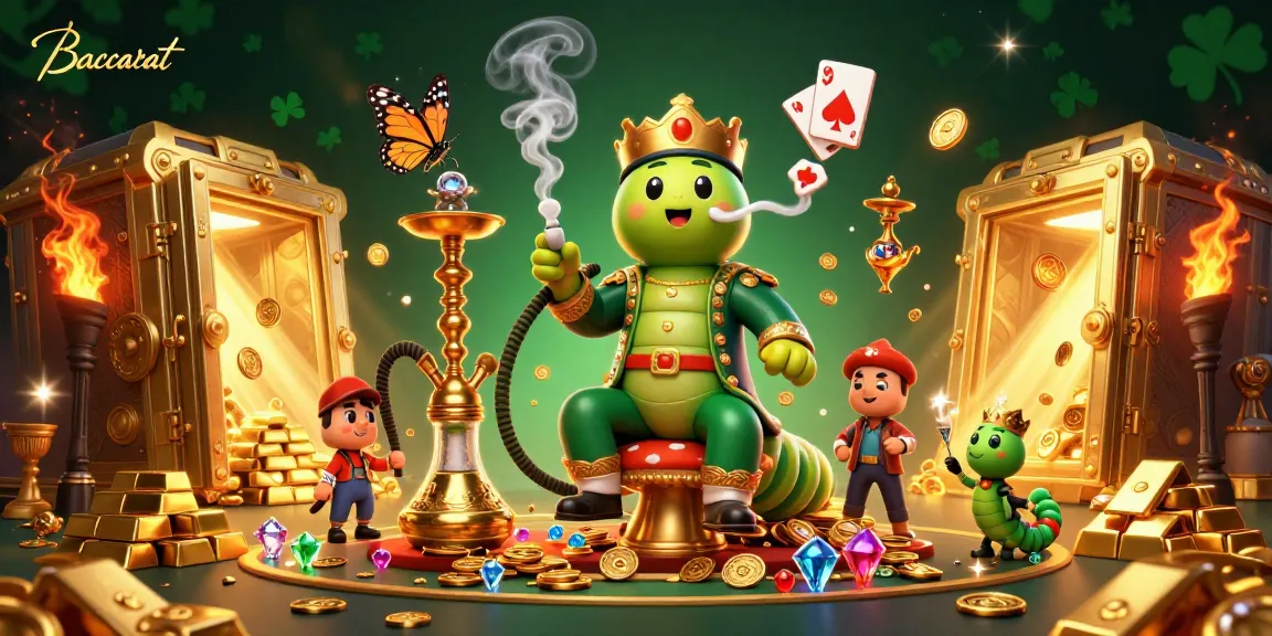 Baccarat game scene with a caterpillar hookah-master, golden coins, and jewels, illustrating dynamic casino elements.