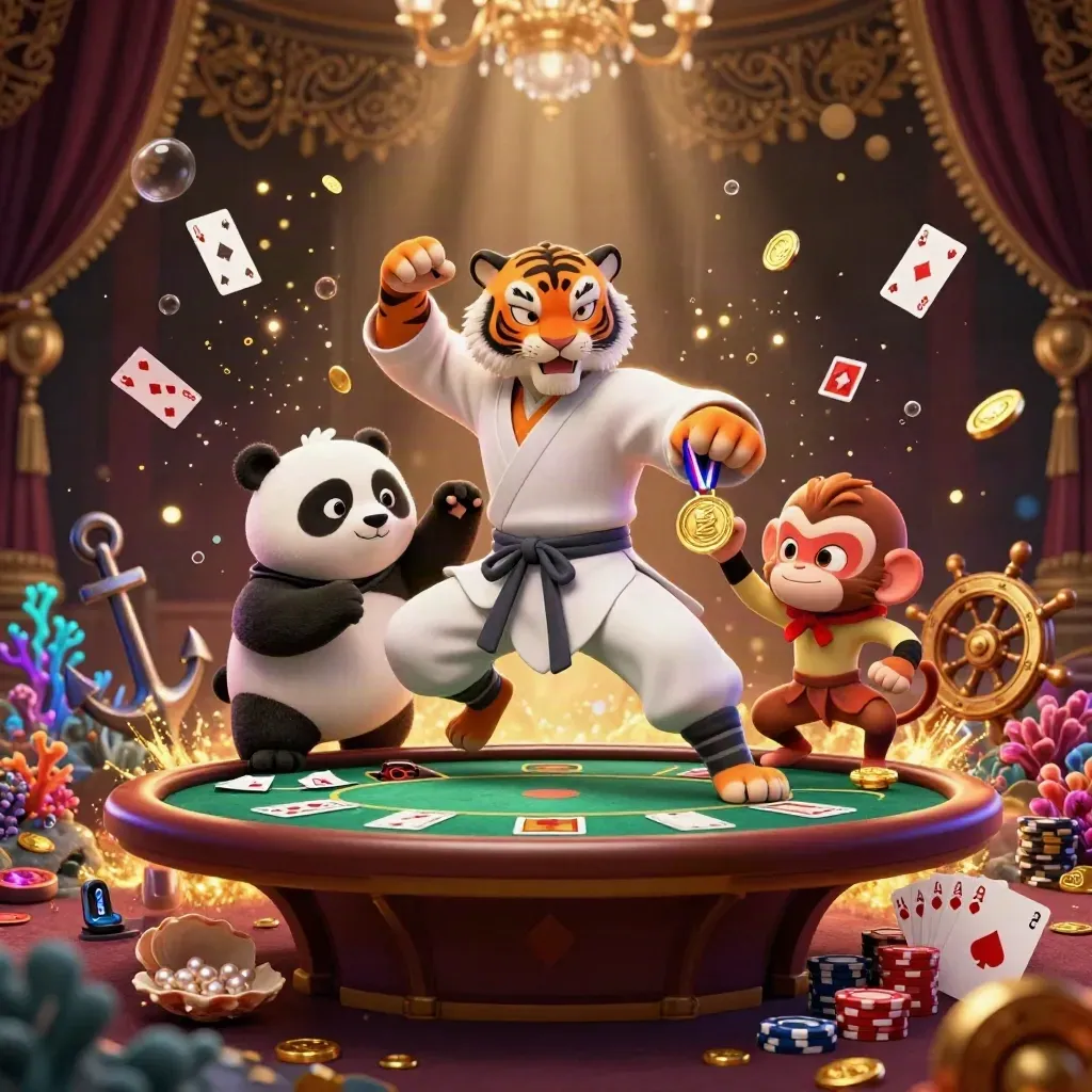 Tiger, panda, and monkey in a flashy underwater poker treasure scene.