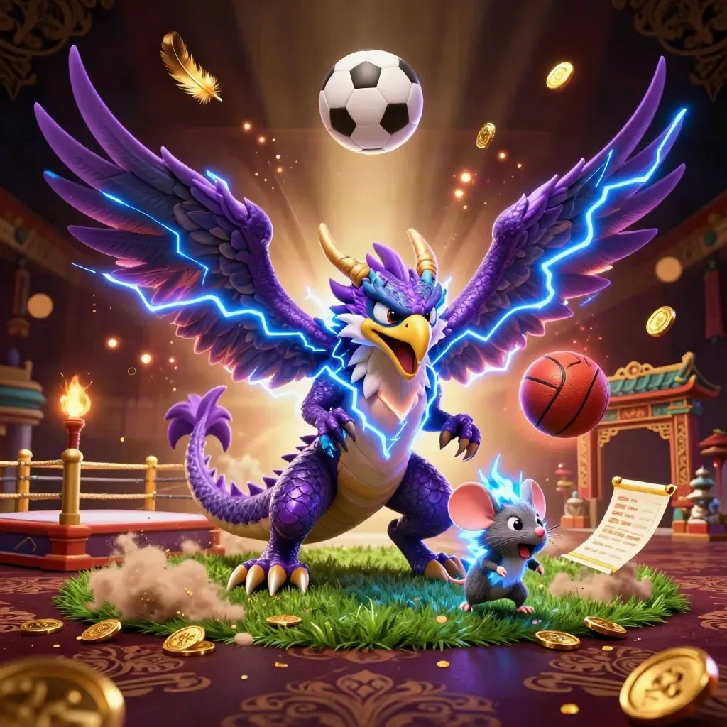 Electric dragon, hawk, and mouse amid flying balls, coins, and casino lights.