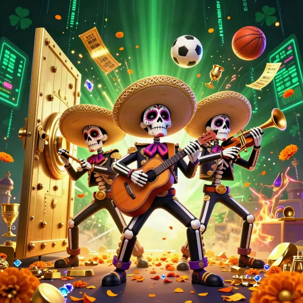 Skeleton mariachi trio, vault door, gold, balls, neon casino energy, low-angle.