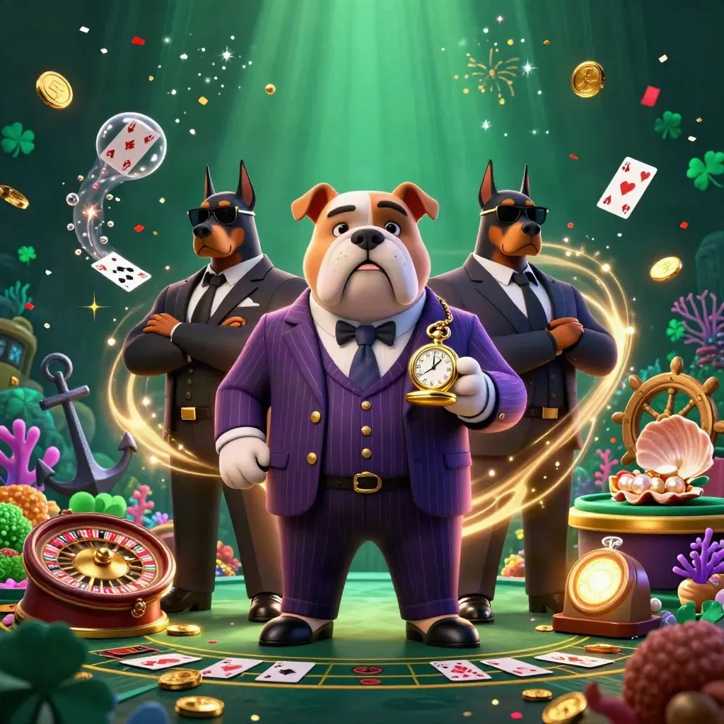 Bulldog mob boss and Dobermans amid casino treasure, coral, fireworks, and gold-lit luxury.