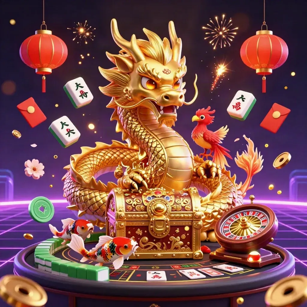 Golden dragon, phoenix and koi in a neon casino scene with lanterns, tiles and a spinning roulette wheel