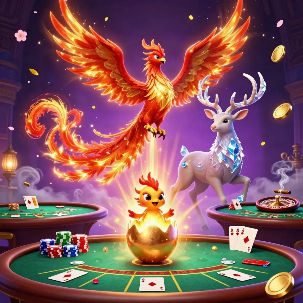 Fire phoenix, hatching baby phoenix, and crystal-antlered stag amid luxe casino magic.