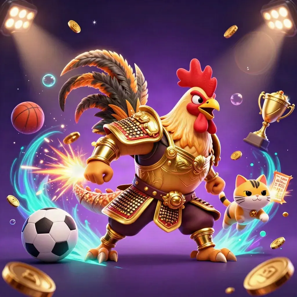 Low-angle rooster warrior, dragon hatchling, fortune-cat, and sports balls in a neon casino burst