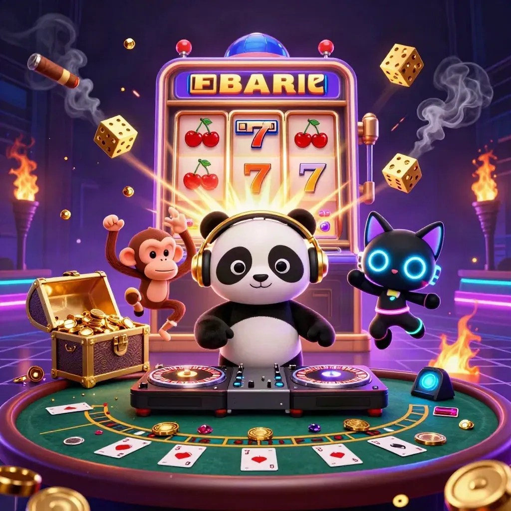 DJ panda, breakdancing monkey, and glow-stick kitten in a luxe neon casino rave scene.