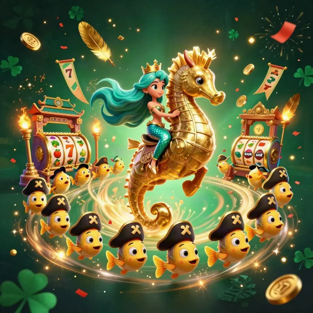 Mermaid princess on armored seahorse amid fish, coins, fire, temple gate, and casino effects.