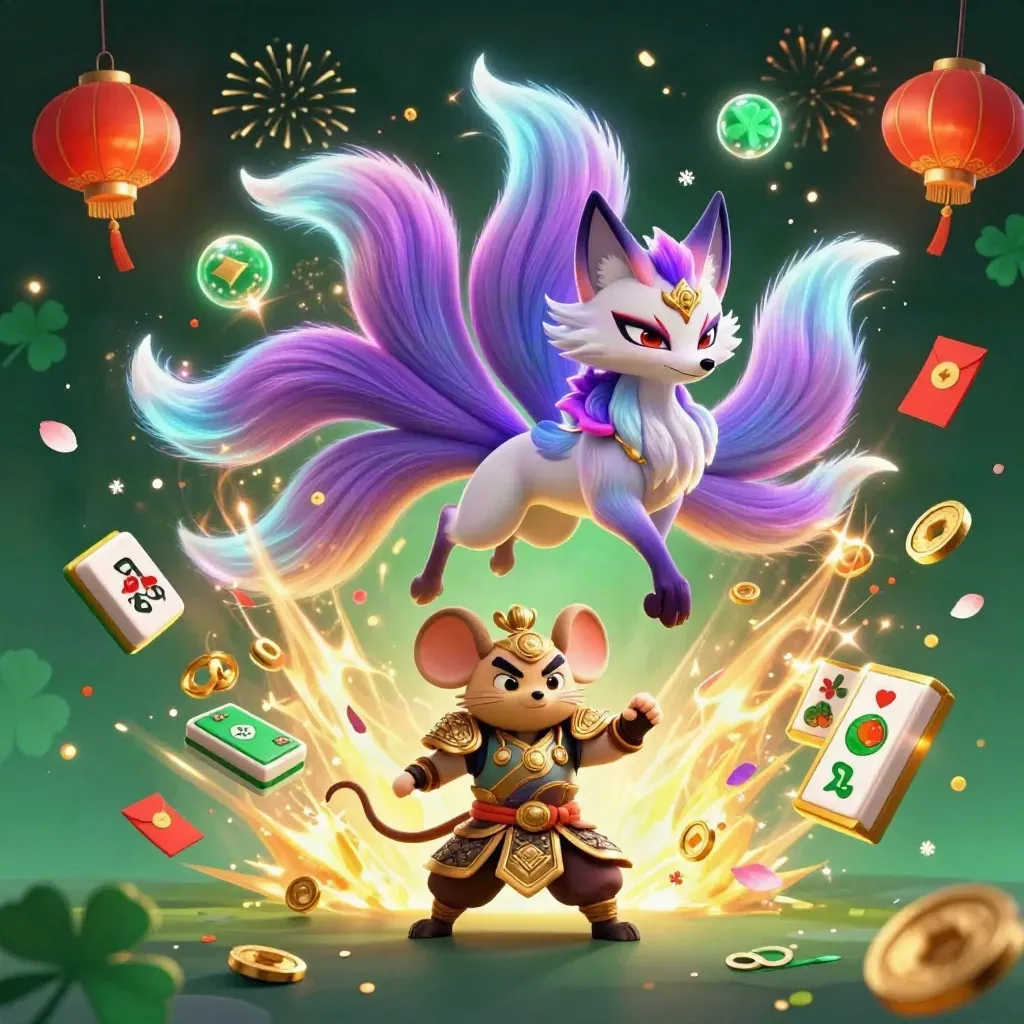 Fox spirit and armored mouse explode with gold, coins, lanterns, and neon magic.