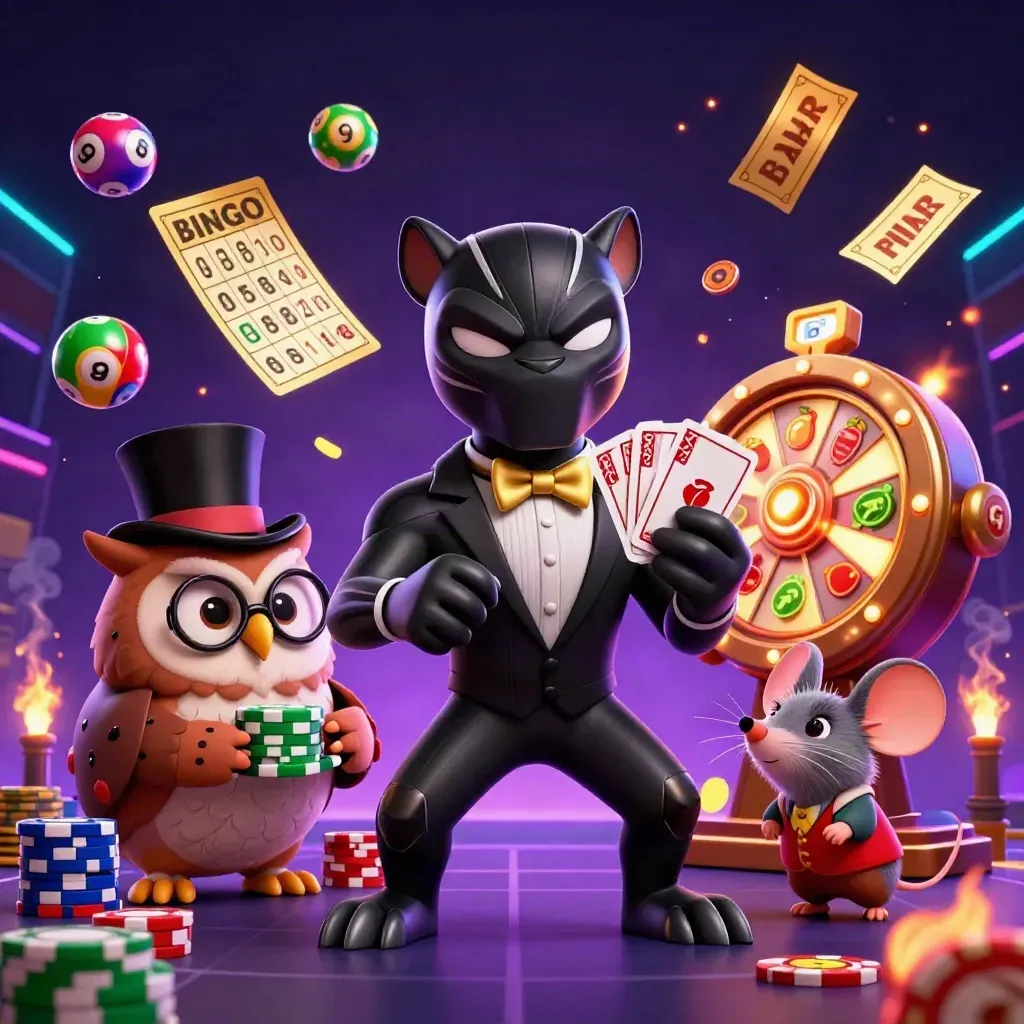 Panther, owl, and mouse casino heroes amid chips, wheels, tickets, and neon purple-gold effects.