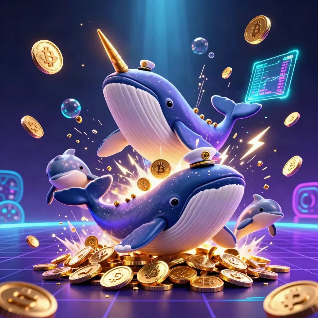 Whale captain, narwhal and dolphins burst through coins with crypto lights and neon purple glow