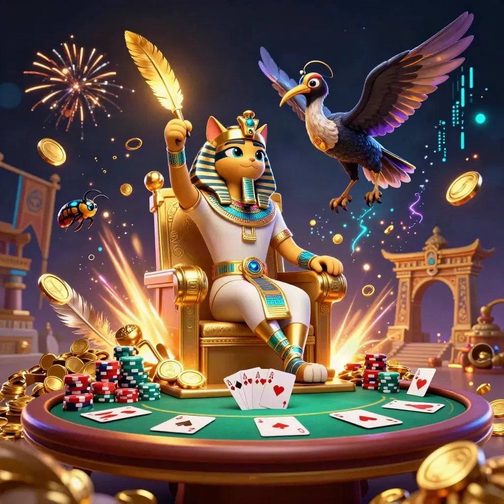 Pharaoh cat, ibis scribe, and scarab beetles amid coins, poker chips, fireworks, and treasure