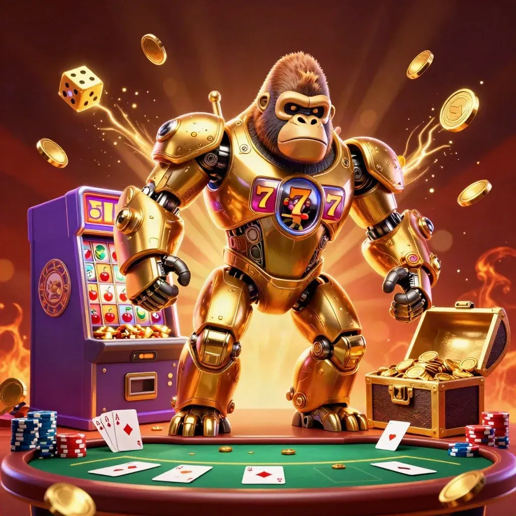Golden gorilla mech explodes from a slot machine with coins, chips, poker cards, and fireworks.