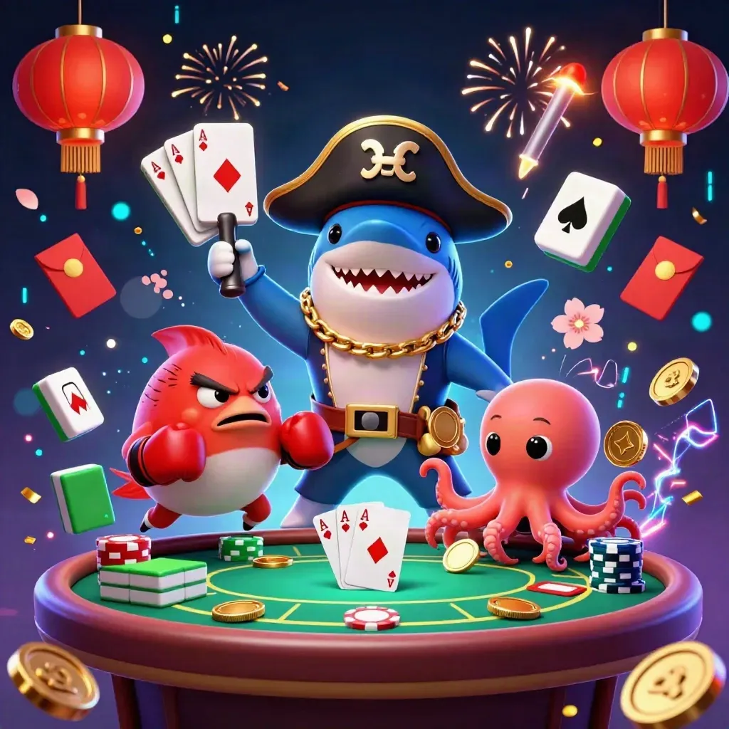 Shark pirate, pufferfish boxer, and octopus toss coins amid poker and neon treasure burst