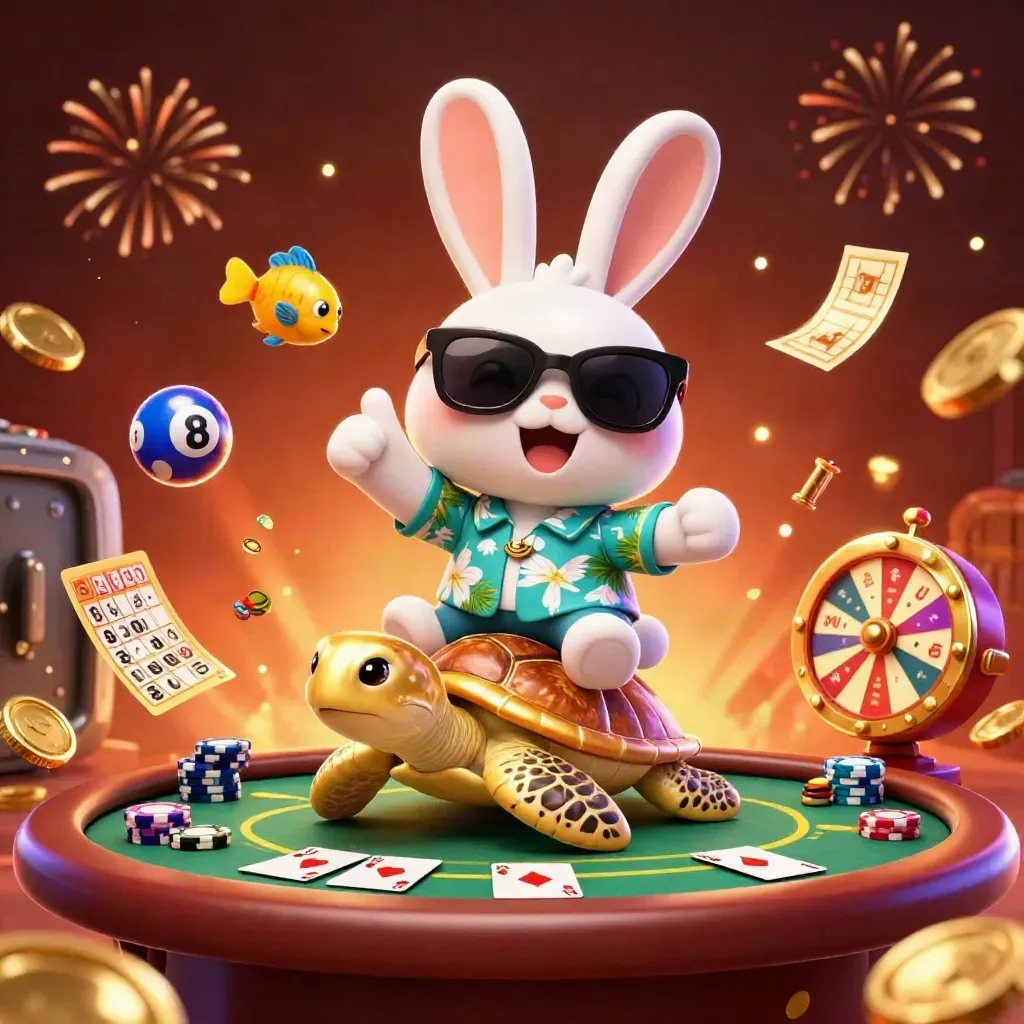 Lucky rabbit rides a golden sea turtle amid poker chips, coins, fireworks, and casino prizes.