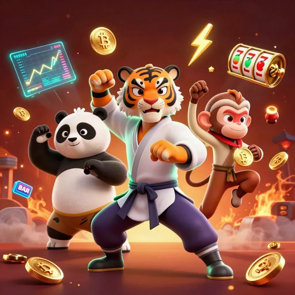 Tiger master, panda disciple, and monkey thief amid crypto coins, reels, embers, and neon lightning.