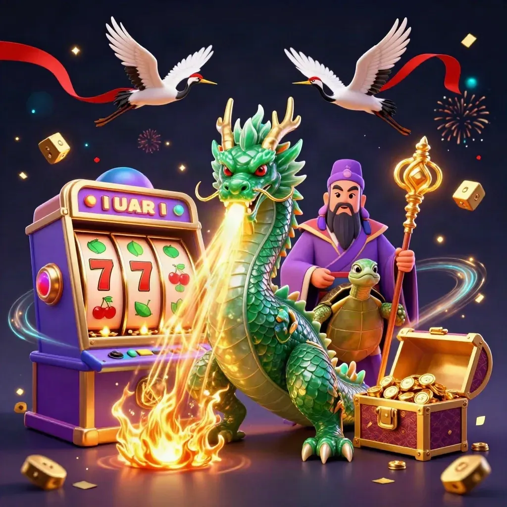 Emerald dragon, turtle sage, cranes, and casino symbols bursting from gold and fire.