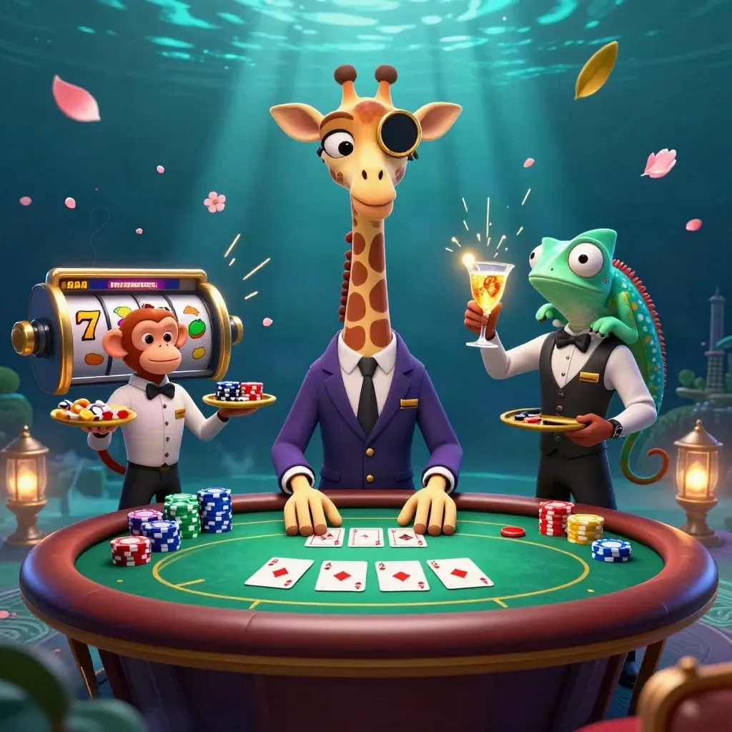 Giraffe, monkey, and chameleon at a poker table with chips, cards, and glowing casino effects.