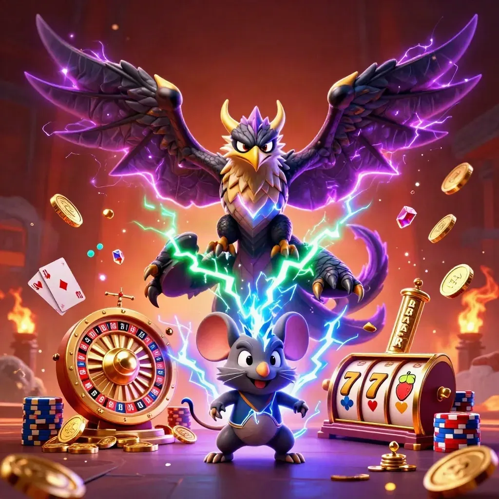 Thunder dragon, wind hawk, and static mouse amid casino coins, chips, cards, and glowing reels