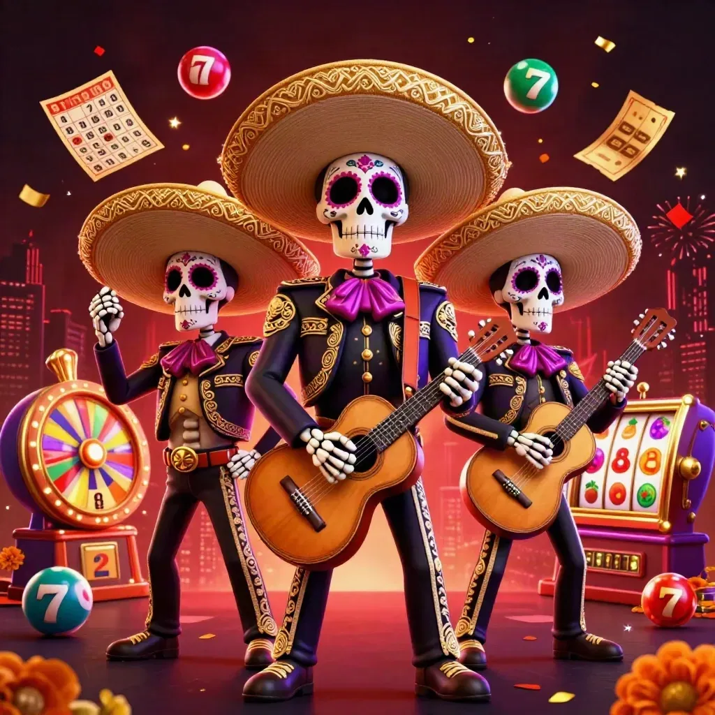 Day-of-the-Dead mariachi skeleton trio amid casino reels, balls, tickets, fireworks, neon glow