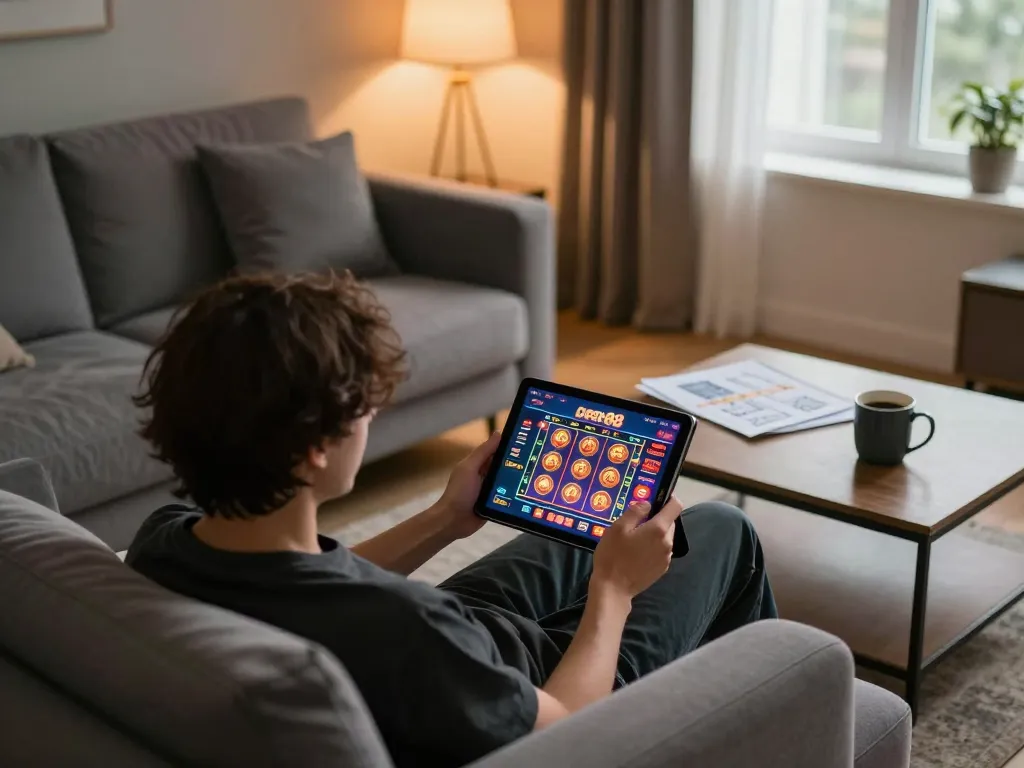 Engaging with open88 slot machines on a tablet in a cozy home gaming setup.