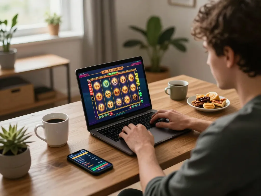 Engaging in an exciting slot game at home, showcasing vibrant game reels and a cozy setup