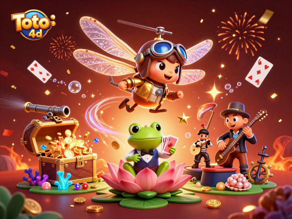 Toto 4d showcases vibrant gaming action with a dragonfly pilot and a frog croupier amidst casino treasures.