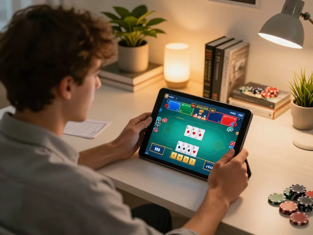 Engaging in online poker at home with 388bet, showcasing immersive gameplay and strategic decisions.