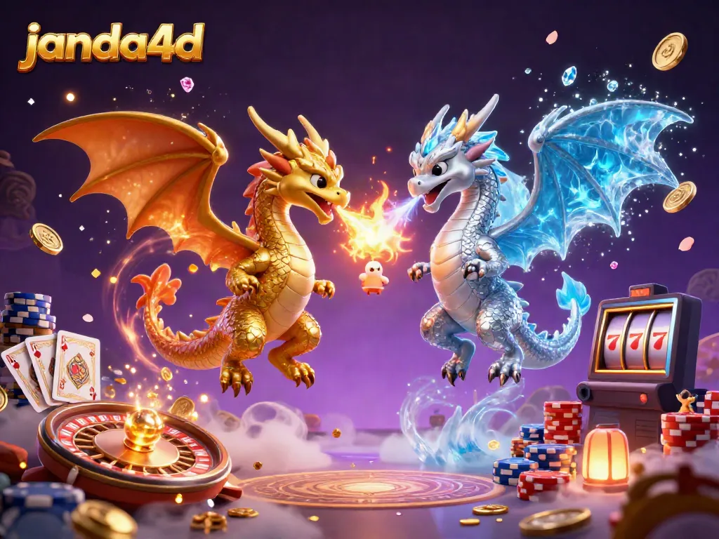 Janda4d menampilkan ilustrasi 3D dengan naga emas dan perak yang terbang, ditemani koin emas dan kartu permainan.