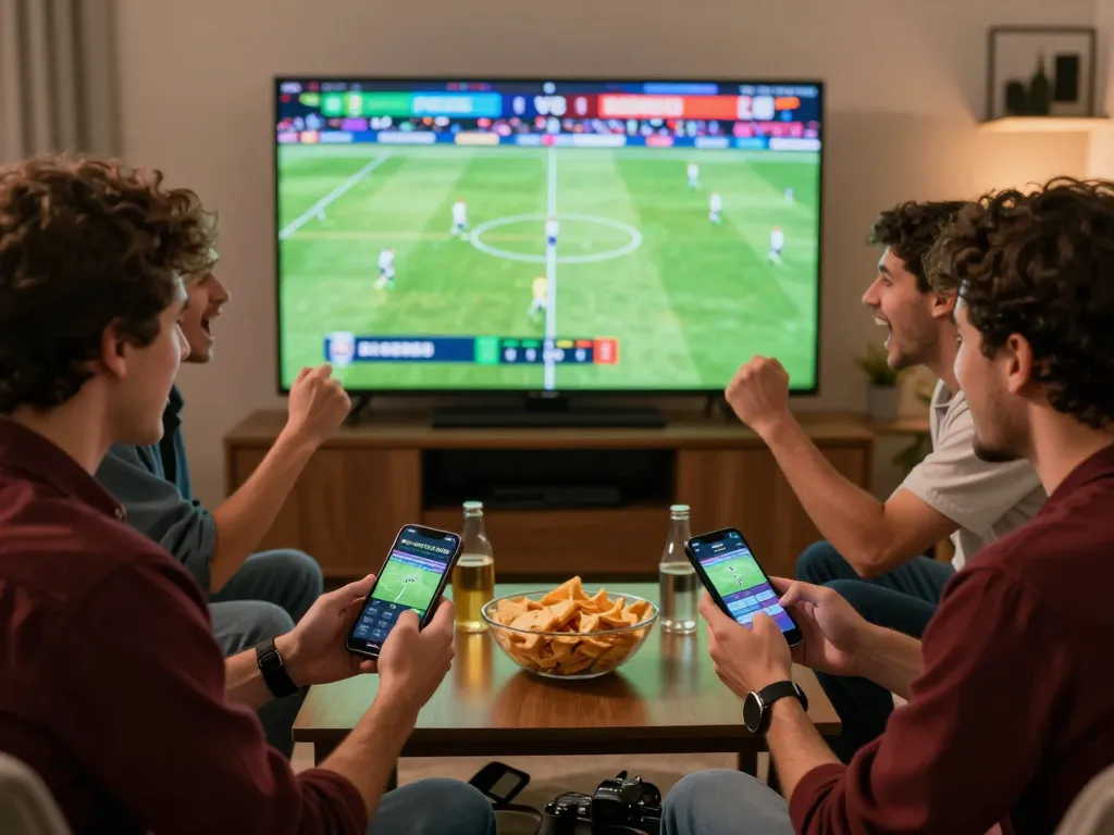 Friends engaging in sports betting at home, using Thể Thao MM99 app to analyze and place bets on live matches.