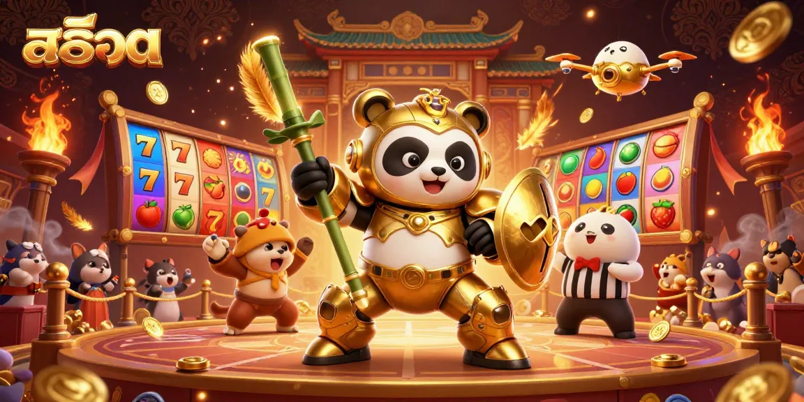 Experience สล็อต excitement in a vibrant slots-themed arena showcasing a dynamic mech-suit panda.