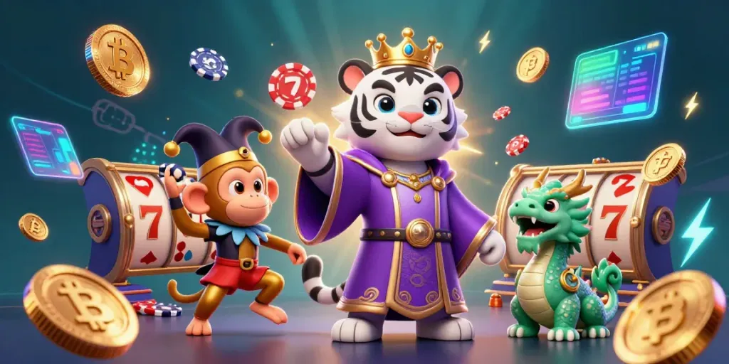 Visualisasi slot gacor dengan harimau putih mengenakan jubah ungu, monyet emas, dan naga giok hidup dalam suasana kasino.