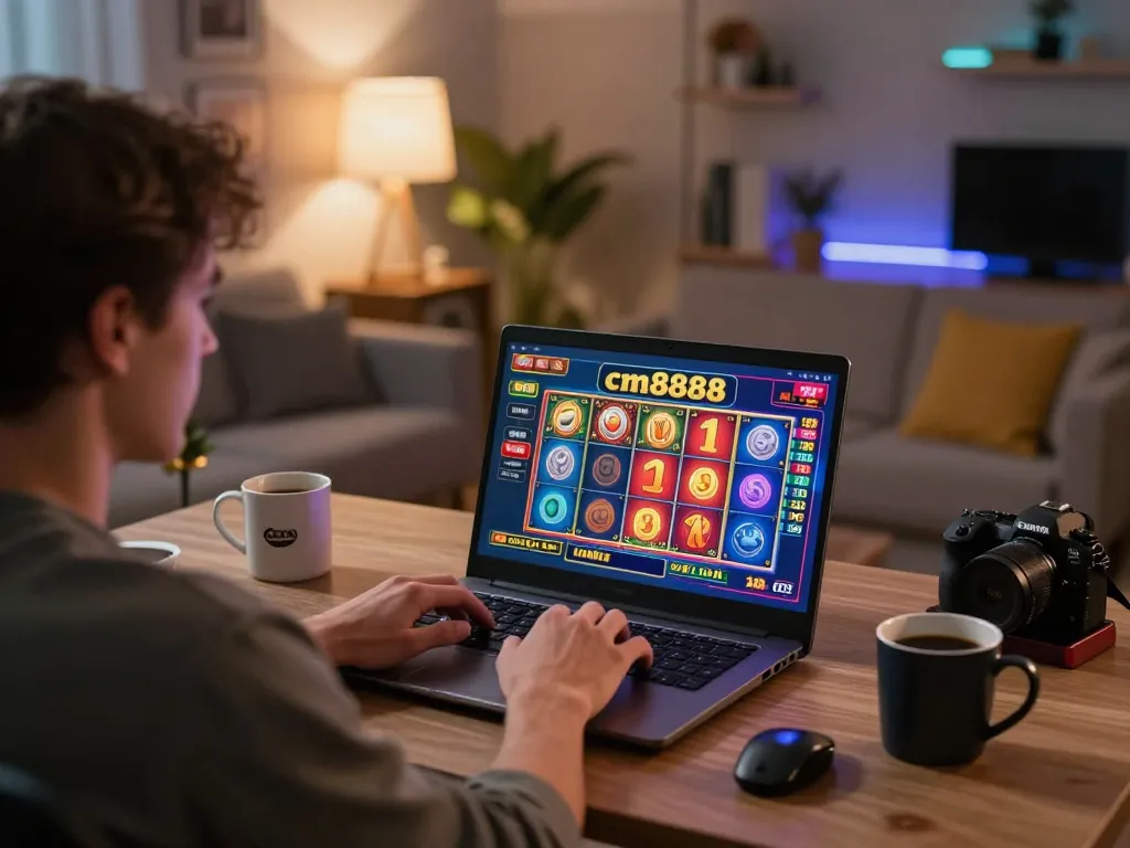 Engaging in online slots gameplay on cm8888 interface in a cozy home environment.