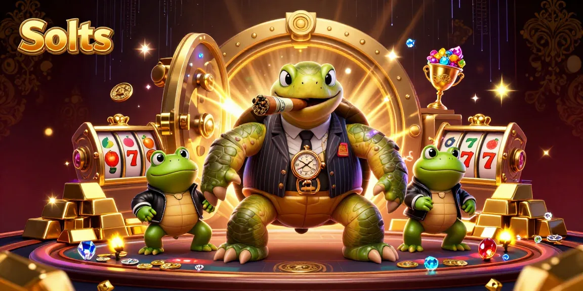 Engage with thrilling Slots in this vibrant, ultra-detailed 3D cartoon casino scene featuring a mobster turtle and bullfrogs.
