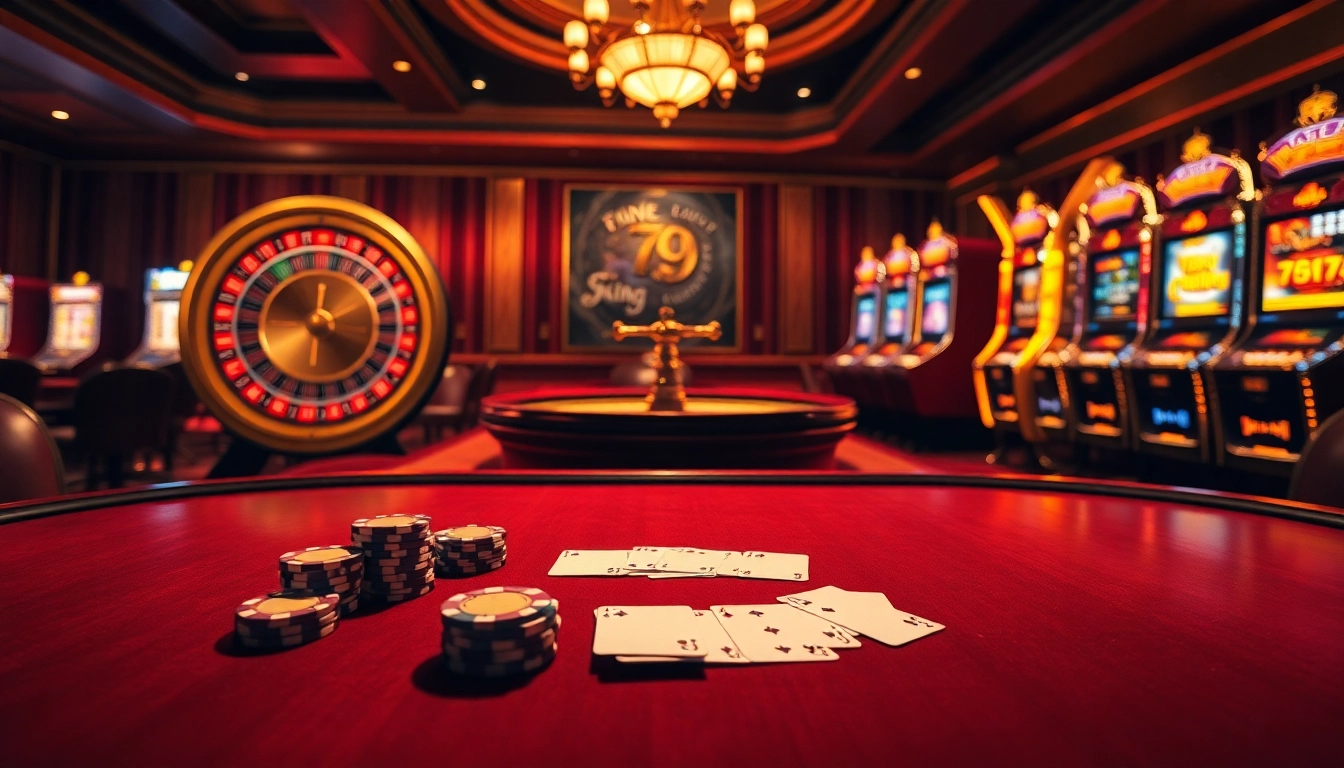 Exciting gameplay experience at 79king with poker chips, cards, and a roulette wheel.