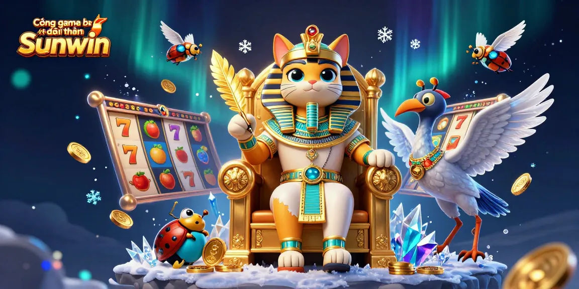 Cổng game bài đổi thưởng Sunwin showcases a vibrant 3D illustration filled with slot machines and sparkling coins.