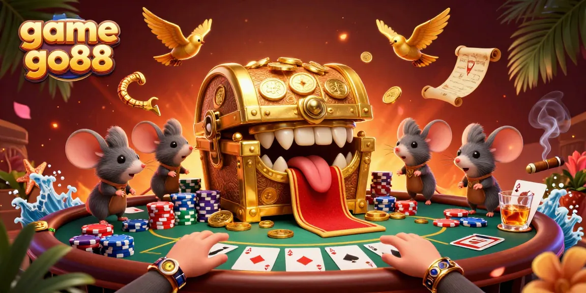 Experience the excitement of game go88 with vibrant treasures and poker action in a thrilling casino artwork.