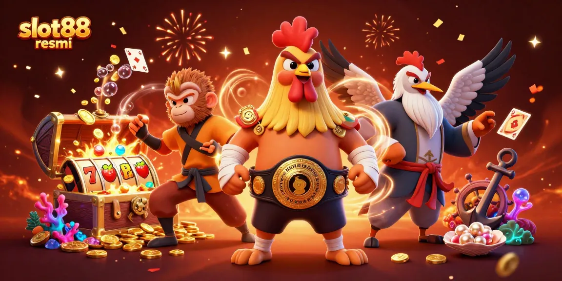 Engage with slot88 resmi showcasing a vibrant 3D casino scene with dynamic characters and festive elements.