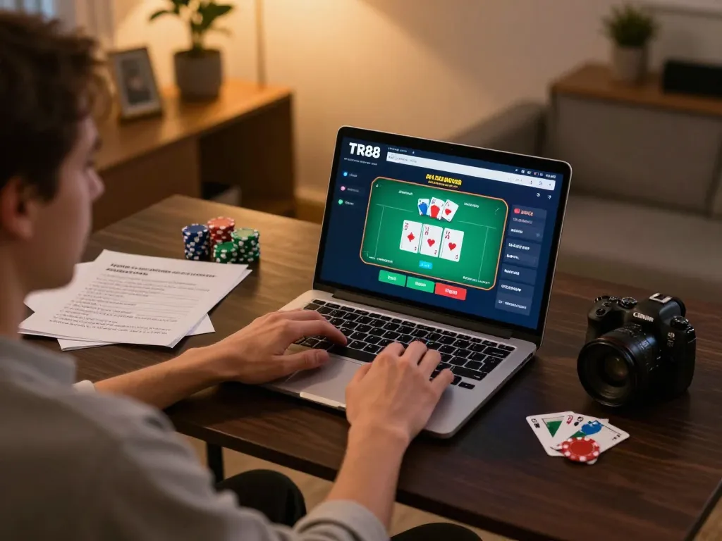 Player engaging with TR88 online casino, showcasing an immersive gambling experience at home.
