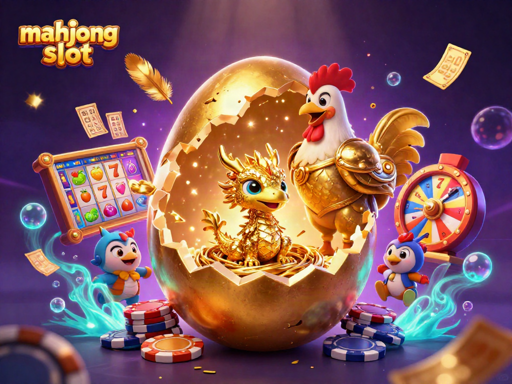 Spin the mahjong slot reels with a stunning 3D illustration featuring golden dragon and poker chips.