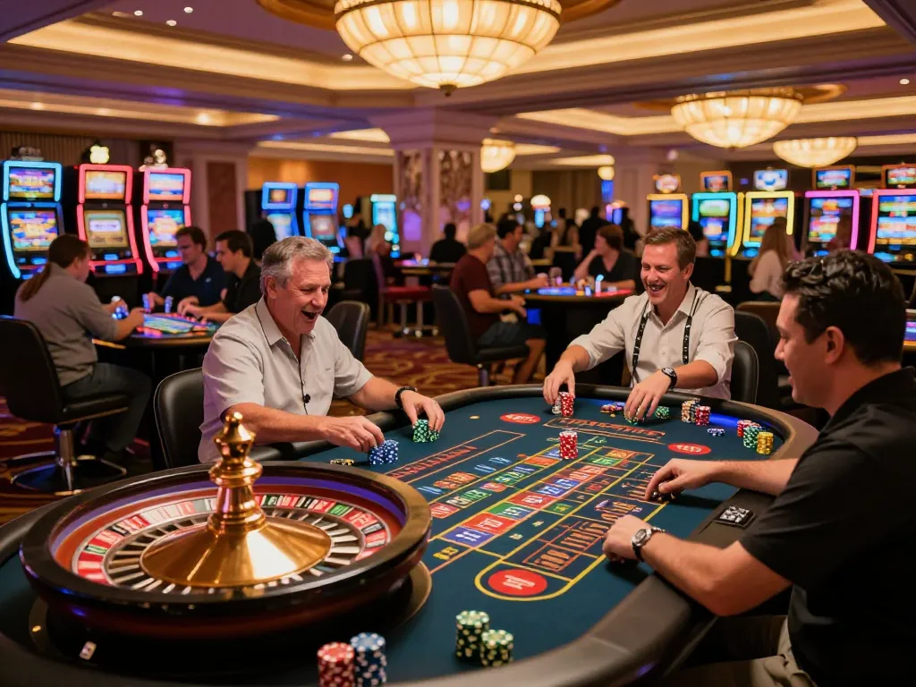 11win players engaged at roulette table in vibrant Las Vegas casino atmosphere