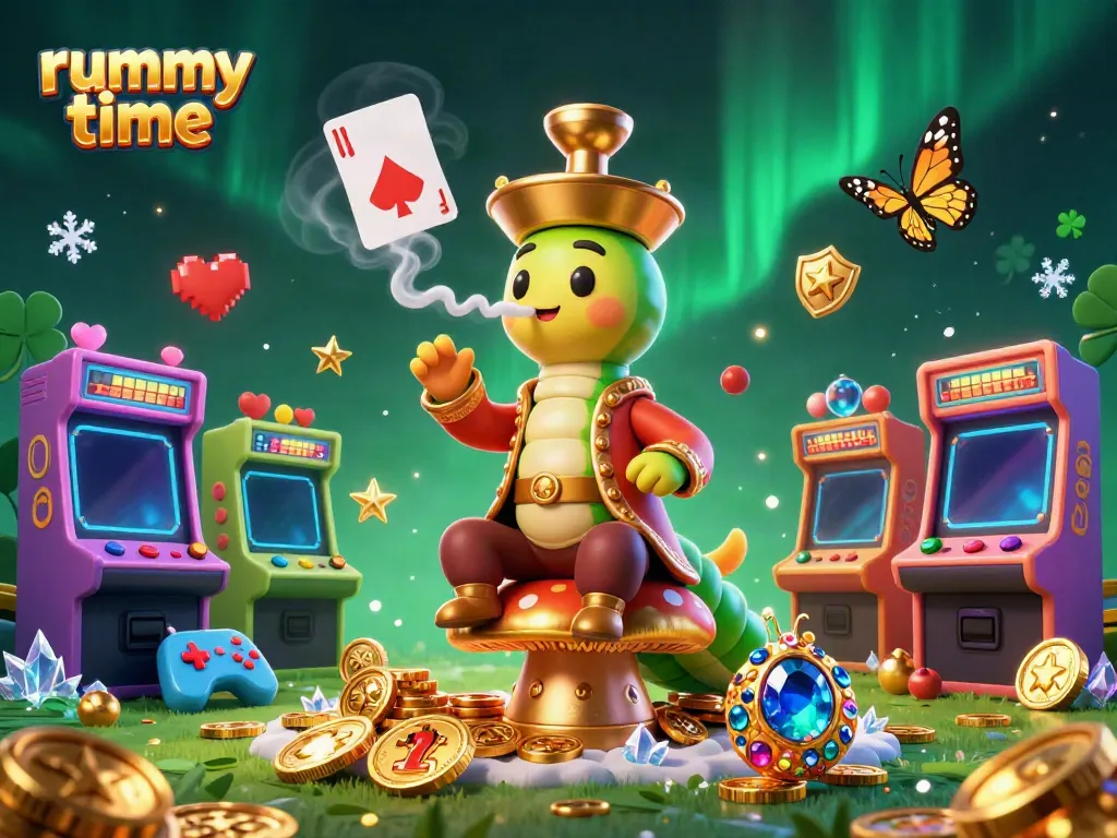 Experience thrilling rummy time gameplay with unique characters in a vibrant casino-themed digital illustration.