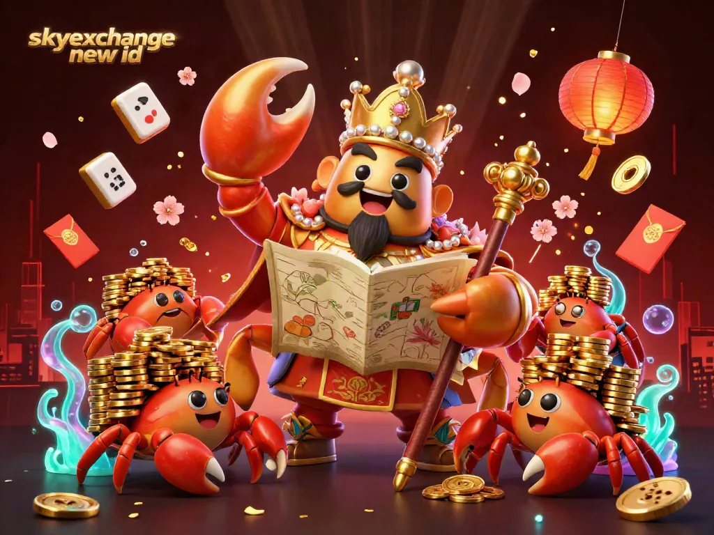 Place your bets with your skyexchange new id at the vibrant 3D casino featuring a golden crab emperor and festive decorations.