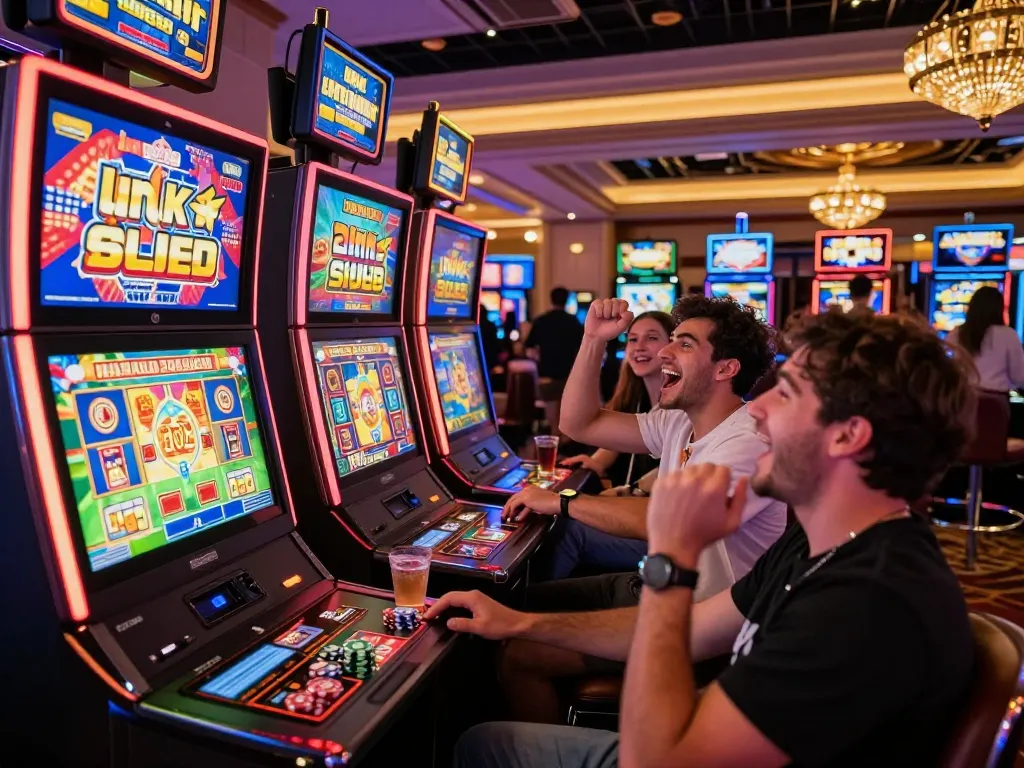 Teman-teman yang terlibat menikmati permainan slot link di lingkungan kasino yang hidup