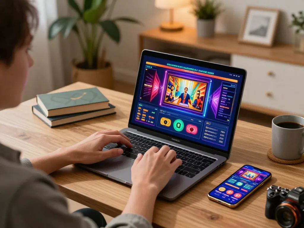 Engaged player enjoying slot online gaming experience on laptop at home