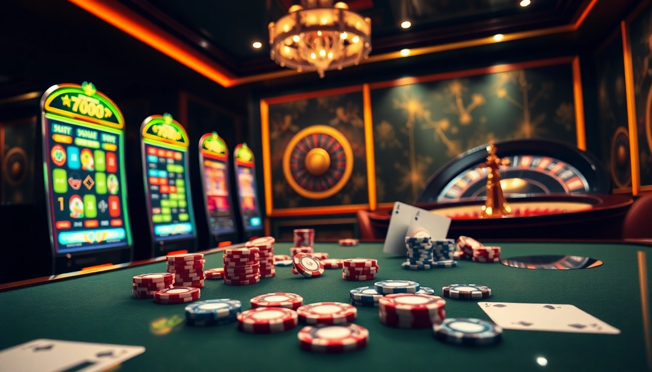 Play immersive games at 7hh online casino, featuring vibrant slot machines and luxurious gaming tables.