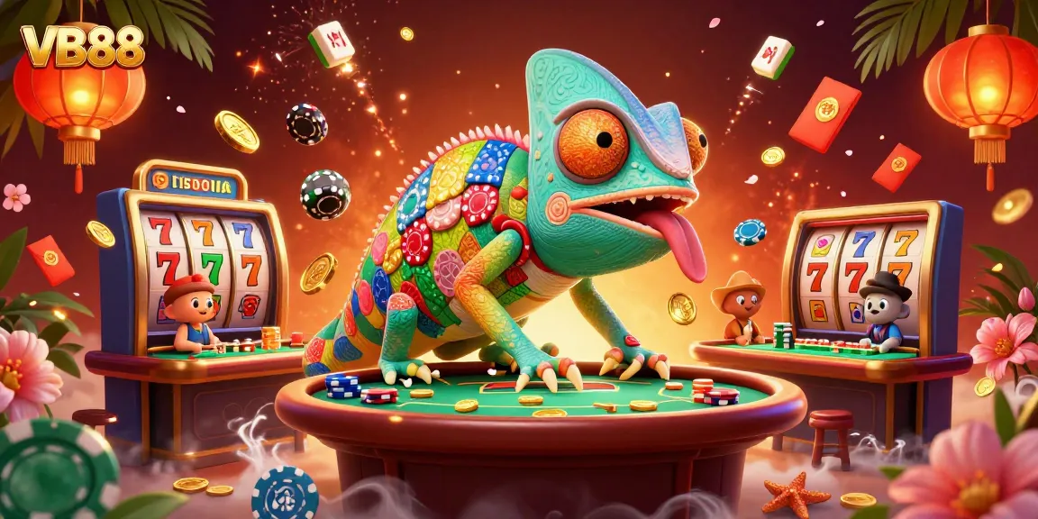 VB88 chameleon casino owner catches golden coins in a vibrant gambling scene.