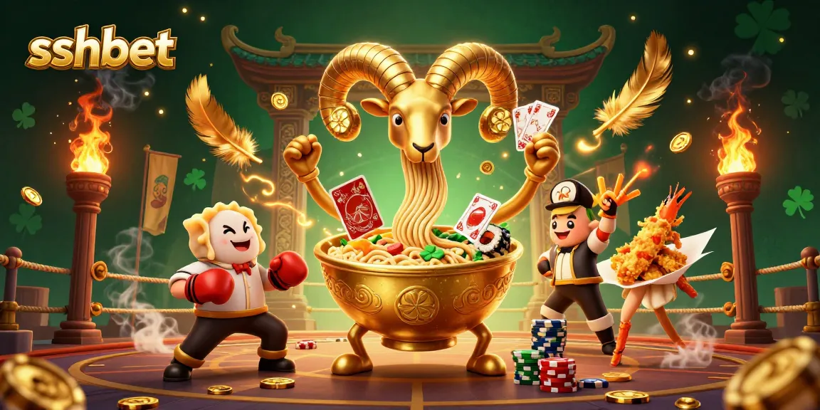 Engage with exciting games at sshbet, featuring a giant ramen bowl and dynamic casino elements.
