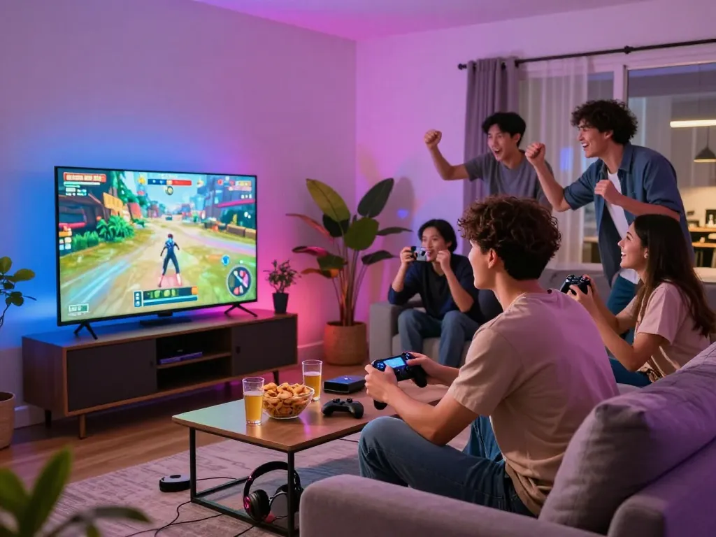 Young man playing an adult game in a lively living room setting with friends.
